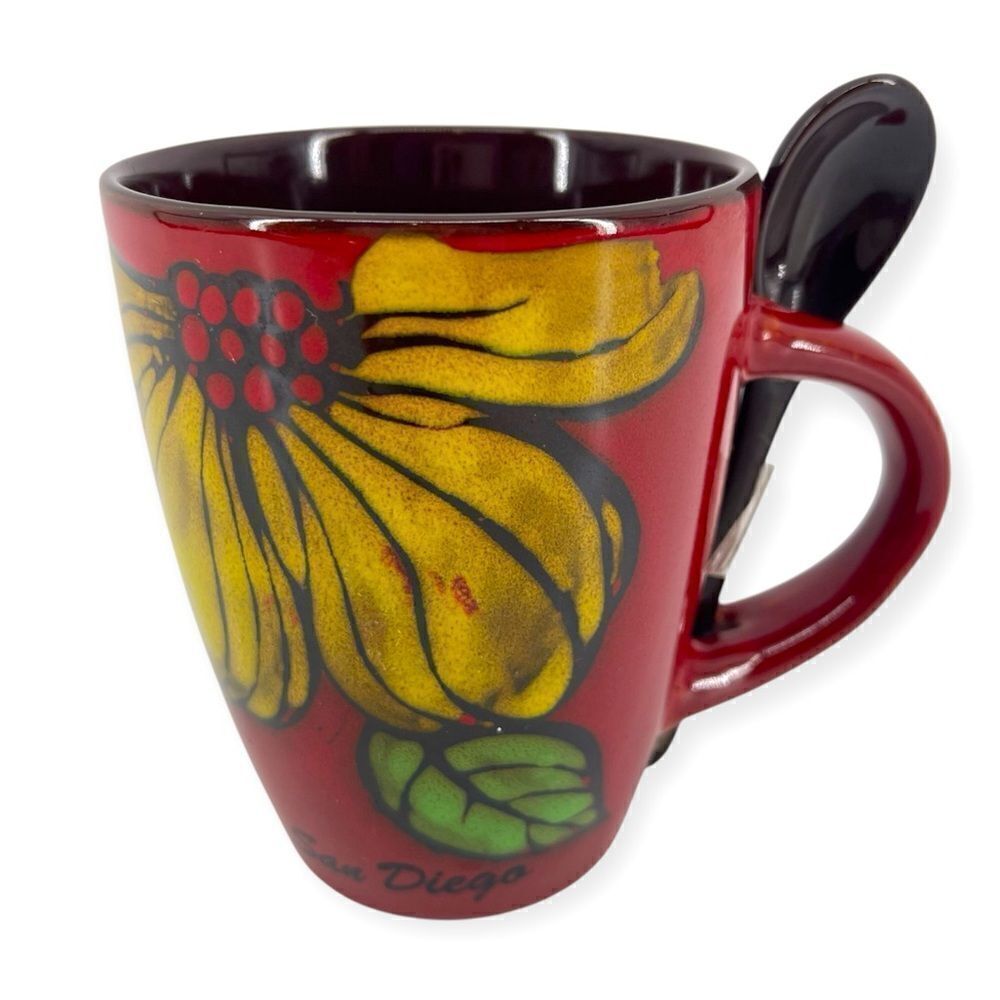 AGIFTCORP San Diego Red Yellow Floral Hand Painted Ceramic Mug and Spoon